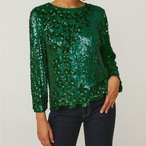 Scala Vintage Long Sleeve Green Sequined Blouse Statement Glam size Medium
